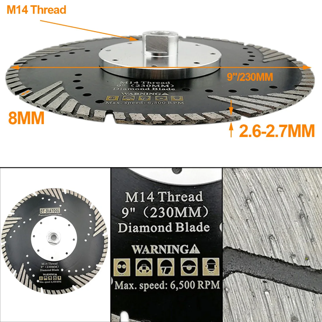 DT-DIATOOL 1pc 230mm/9" Hot Pressed Diamond Blades With Slant Protection Teeth Multi-purpose Cutting Discs With M14 connection