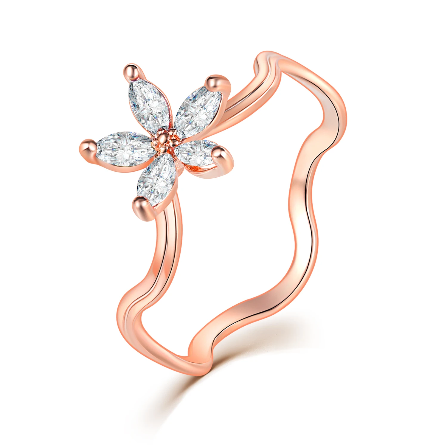 Милое маленькое кольцо в форме цветка и волны для женщин и девочек, многоцветное кольцо с кристаллами розового золота, модное ювелирное изделие на каждый день R010 - Цвет основного камня: Прозрачный