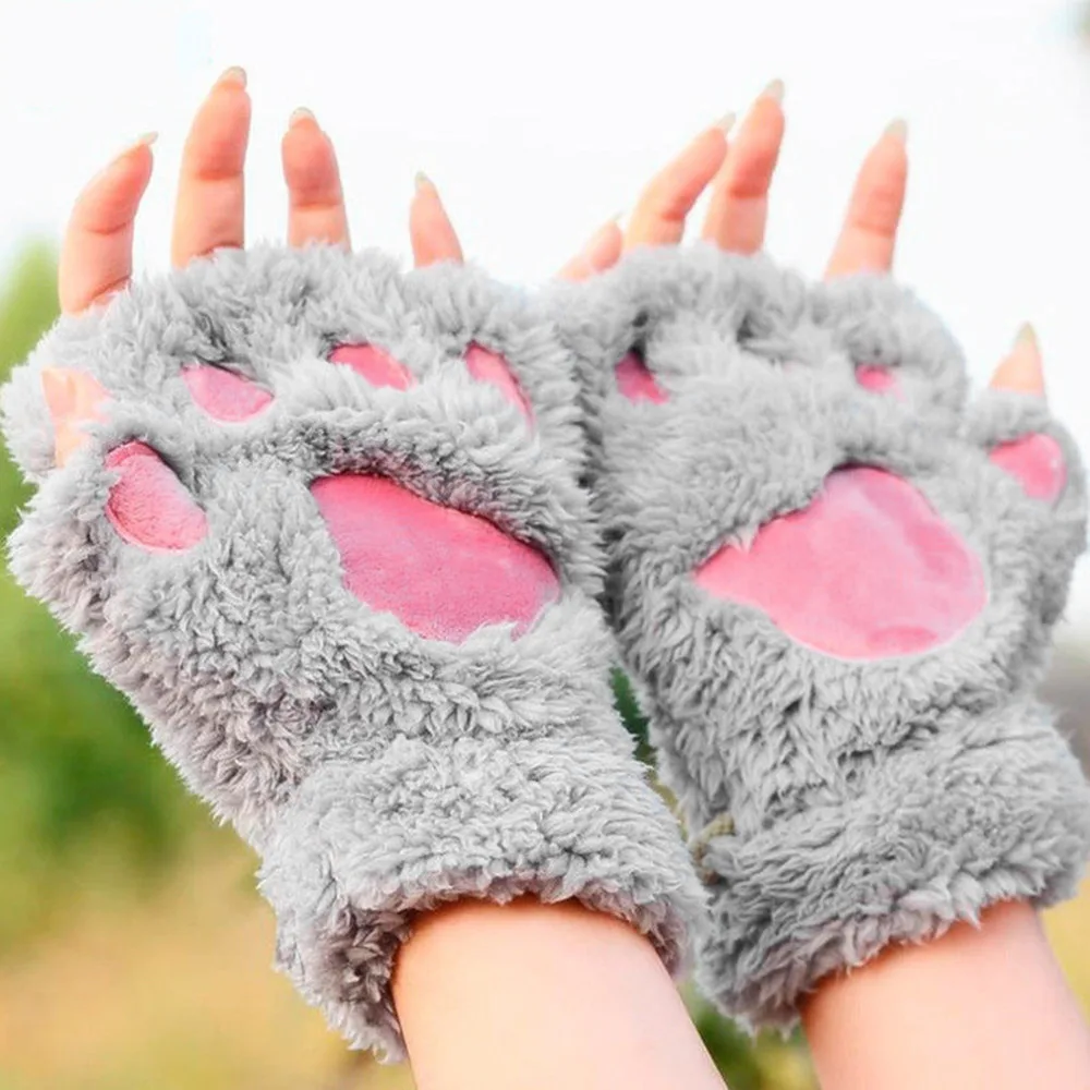 

Fingerless Gloves Fluffy Bear Cat Plush Paw Claw Half Finger Warm Covered Female Gloves Winter Warm Glove Mitten Gift