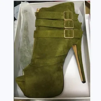 

SHOFOO shoes,Fashion novelty women's shoes, dark green suede, about 14.5 cm high heel boots, ankle boots.SIZE:34-45