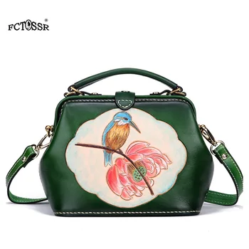 

Women Bag of 2019 Handmade Leather Carving Handbags Chinese Style Drawing Vintage Lady Crossbody Bag Hasp Female Bag With Handle