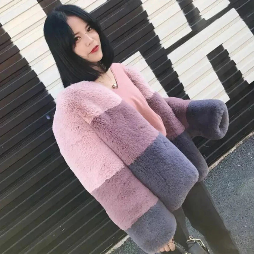 

Savabien Furry Soft Faux Rabbit Fur Coat Women Long Sleeve Warm Fake Fur Jackets Coats 2019 New Korean Overcoat Pink Fur Parka