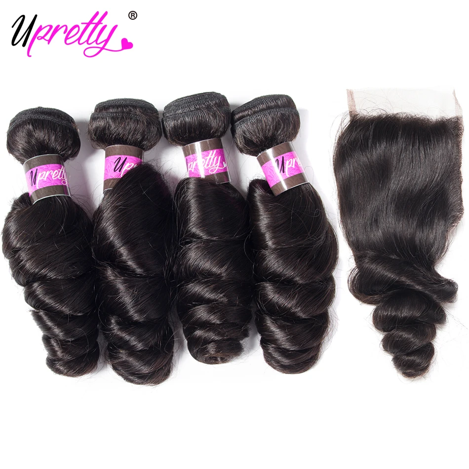 Upretty Hair Malaysian Loose Wave with Closure Malaysian Remy Human Hair Spring Loose Curly Hair 4 Bundles with Lace Closure