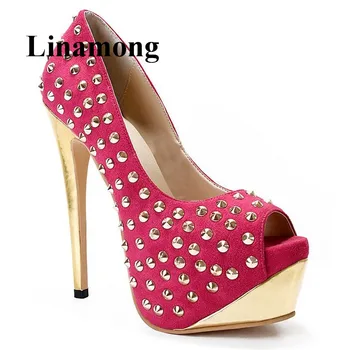 

Summer Ladies Shoes Rivet Peep Toe Sexy Gold Thin High Heel Waterproof Platform Flock Fashion Shallow Women Sandals