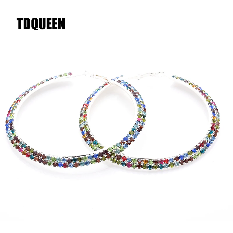 Разноцветные Кристальные серьги для женщин, посеребренные большие круглые серьги, элегантные 2 со стразами в ряд, большие серьги-кольца