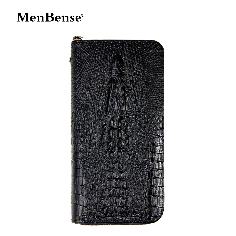 

Menbense Mens Zip Clutch Wallet Crocodile pattern Brown Luxury Leather Smart Purse Credit Card Holder Slim 8821