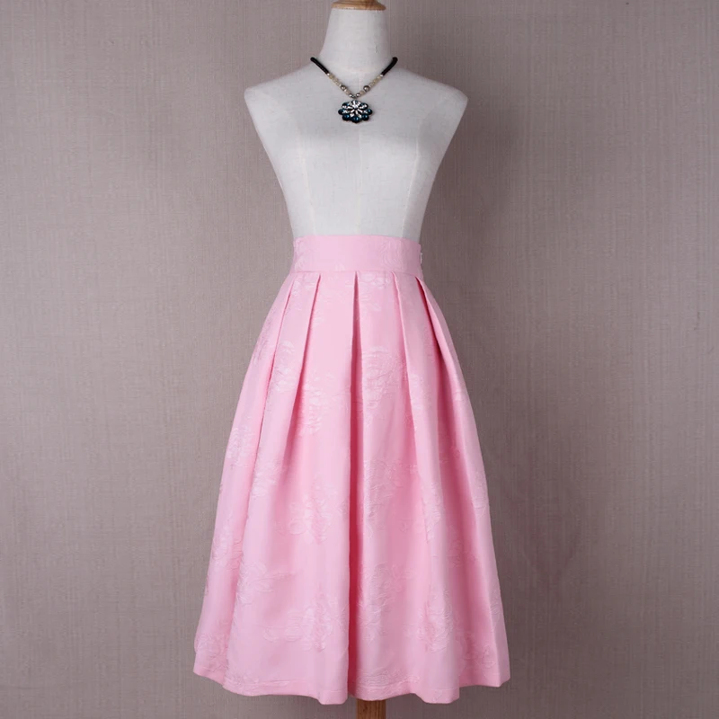 Цветочные жаккардовые винтажные Летние Плиссированные Миди юбки с высокой талией женские бальные платья XXL консервативный стиль розовые юбки для девочек S8533
