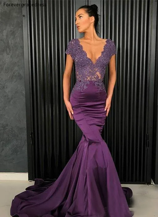 2019 Elegant Purple Mermaid Prom Dresses Sexy Illusion Bodice V Cut Backless Applique Floor Length Evening Party Gowns Formal BC0206  146 (7)