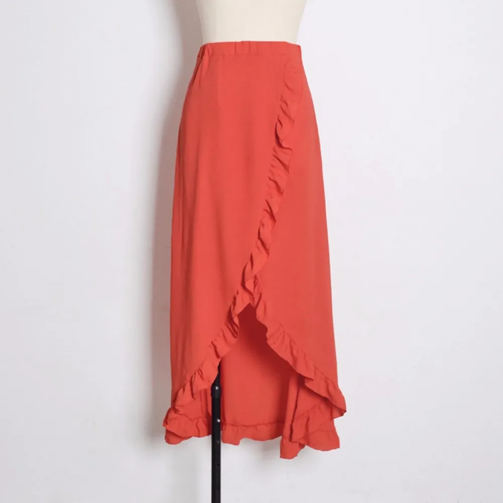 Высокая Сплит сплошной черный orange юбки женщин сексуальный стиль пляж асимметричный длинная юбка летние женские рюшами, босоножки Вечерние