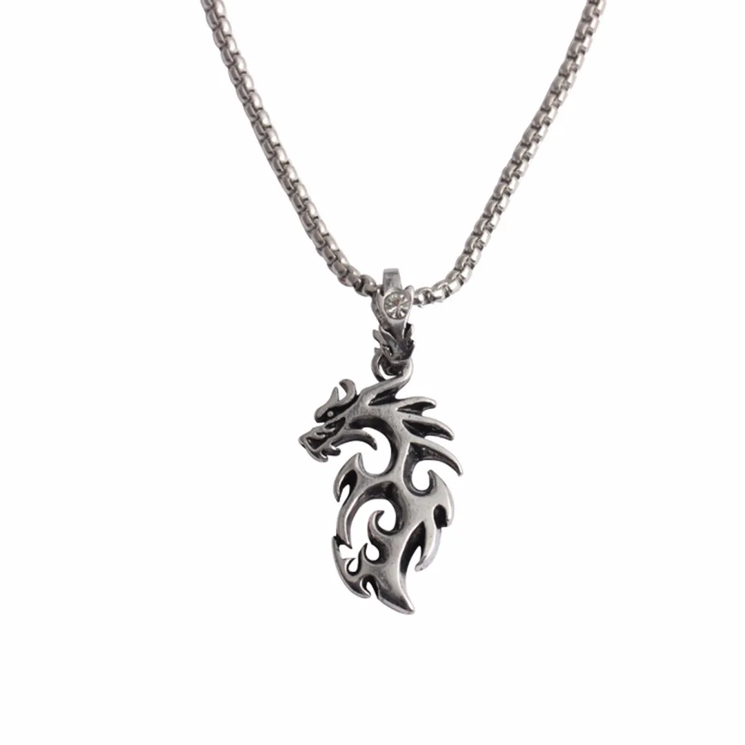 Trendy Men's Stainless Steel Hollow Dragon Pendant Necklace Silver/Gold Color Long Chain Charms Fashion Punk Jewelry Accessories
