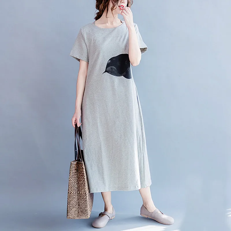 

Johnature 2019 Casual Solid Color Print Dress For Women Summer New Loose Slits Short Sleeve Simple Comfortable Dresses