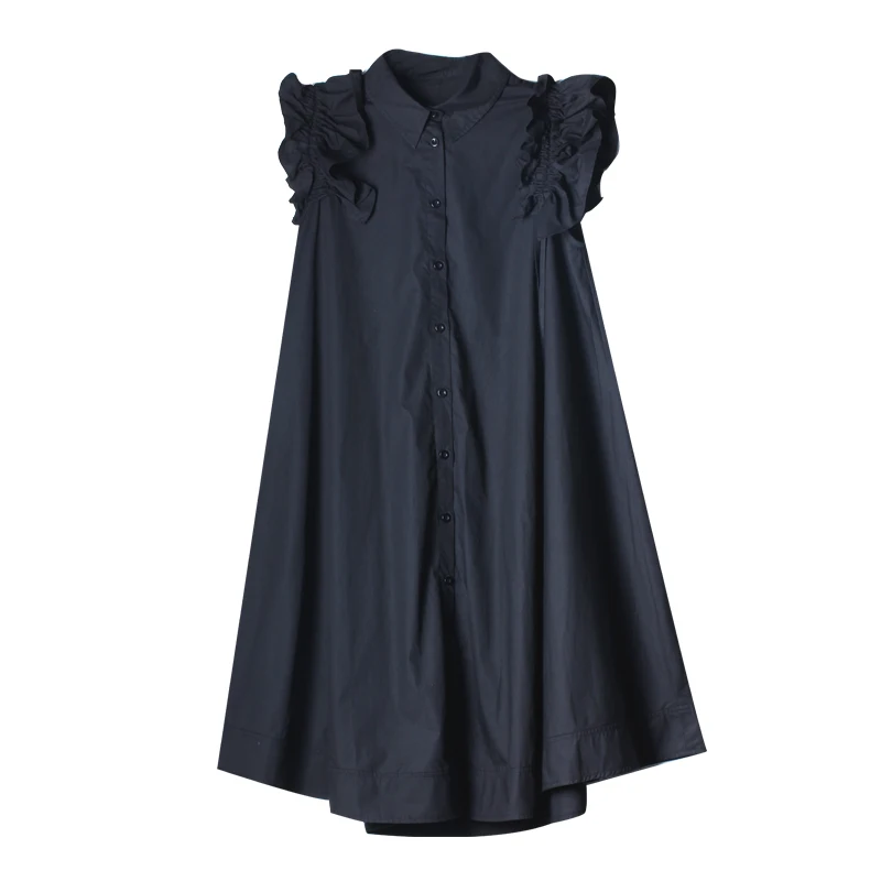 XITAO мини-платье с рюшами, асимметричное, однобортное, плюс размер, отложной воротник, пуговица, без рукавов, дикий Джокер, WLD2003 - Цвет: black     WLD2003