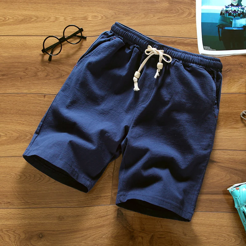 2018 summer New Fashion Mid Elastic Waist Loose Casual Solid Quality Summer New Flax Man Blue White Beach Thin Linen Men Shorts