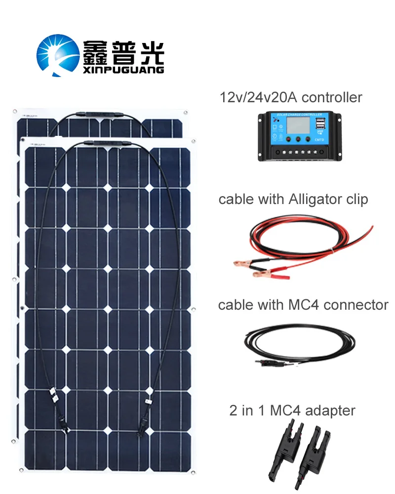 200W 12V Solar Panel Starter Kit: 2pcs 100W Monocr...