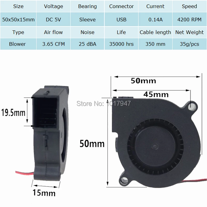 2 шт. Gdstime 50 мм x 15 мм 5 в USB Бесщеточный вентилятор охлаждения постоянного тока вытяжной вентилятор 5015 S