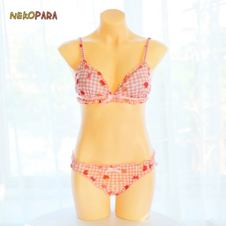 

Strawberry Ichigo Girl Sexy Cute Women's Lingerie 2PCS Set Bra & Panties Set Bikini Bows Cute Lolita Underwear Comfortable