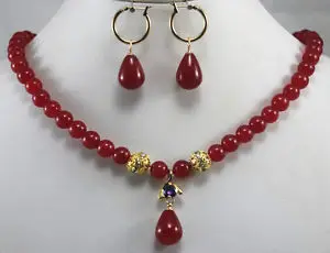 

FREE SHIPPING>>@> Free shipping New Design 8mm Red Jade Hook Earring Necklace Pendant Jewelry Set Natural jewelry