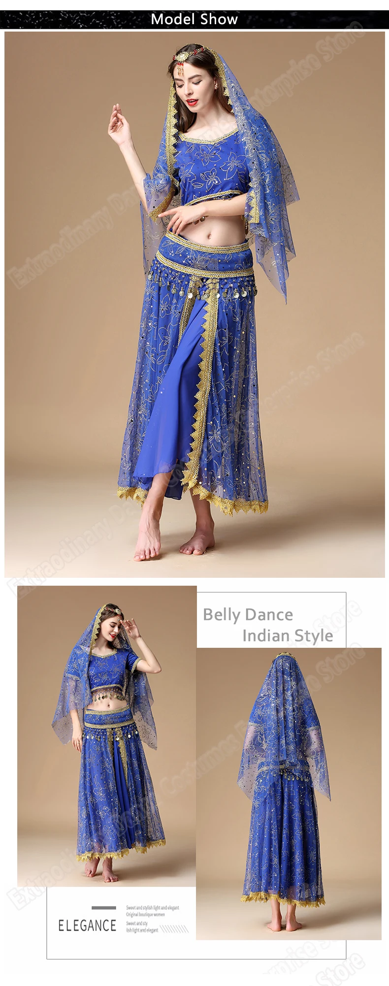 Болливуд Сари набор костюма для танца живота для восточных танцев индийский костюм женский шифон 5 шт.(головные уборы вуаль Топ Пояс юбка