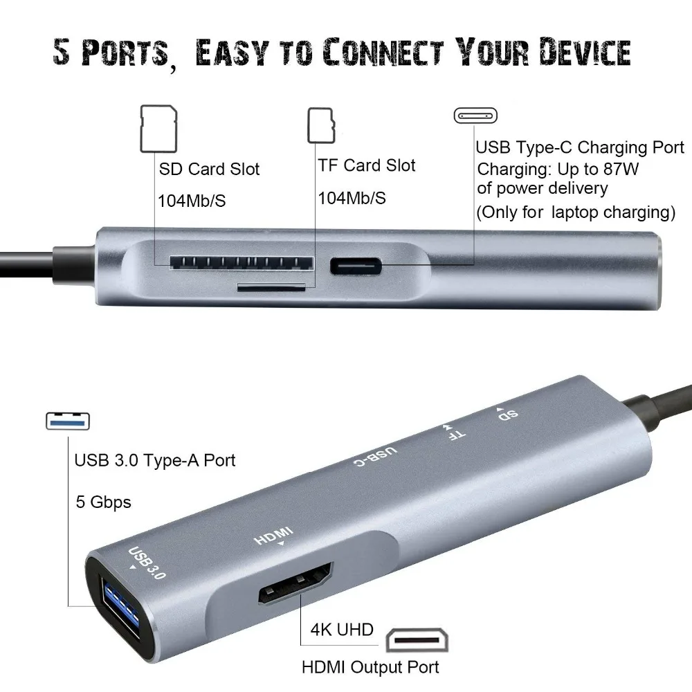 USB C концентратор, тип C адаптер с 1 USB 3,0 концентратор Порты и разъёмы и SD/TF Card Reader& Тип C передачи данных порты и разъёмы и 4 К видео HDMI Порты и разъёмы сплиттер