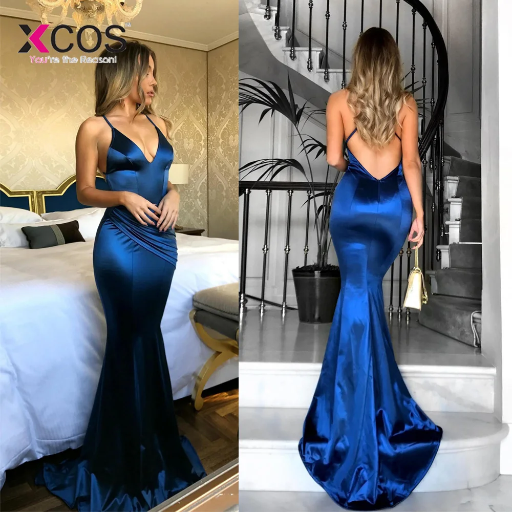 Sexy Mermaid Prom Long Elegant Dresses vestidos de fiesta Open Back V-Neck Spaghetti Straps Satin Dress 2018 | Свадьбы и торжества