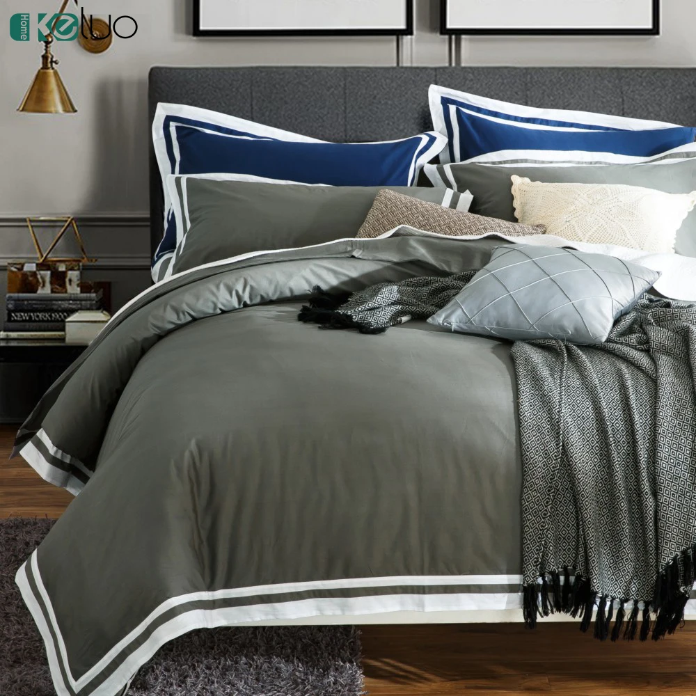 

KELUO European Light luxury Gray Bedding Set White Edging Design Duvet Cover Set 100% Cotton Bed Set Flat Sheet 3/4Pcs