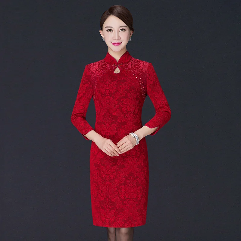 Высокое качество бесплатная доставка осеннее платье высокое Cheongsam для мамы