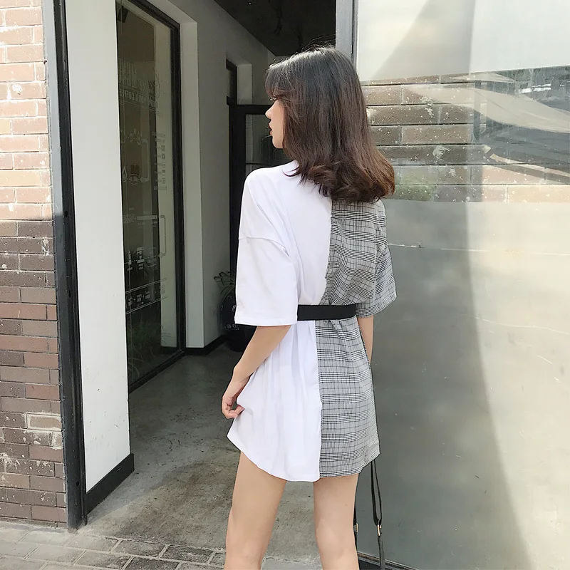 Летняя футболка с коротким рукавом, однотонная, Лоскутная, клетчатый костюм, имитация двух частей, пояс, длинная футболка, Женская корейская модная одежда
