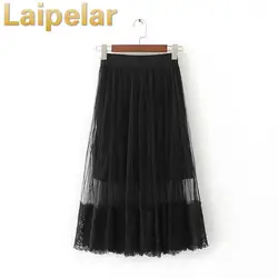 2018 длинные тюлевые юбки с высокой талией кружевные женские весенне-Летние повседневные Черные Эластичные сетчатые плиссированные