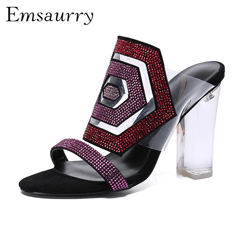 

Unique Jewelled Geometric Hexagon Sandals Women Crystal High Heel Open Toe Transparent PVC Rhinestone Slingback Sandalias