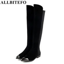 ALLBITEFO/Женские Сапоги выше колена из натуральной кожи на плоской подошве с металлическим носком и эластичным материалом; зимние теплые высокие сапоги с острым носком
