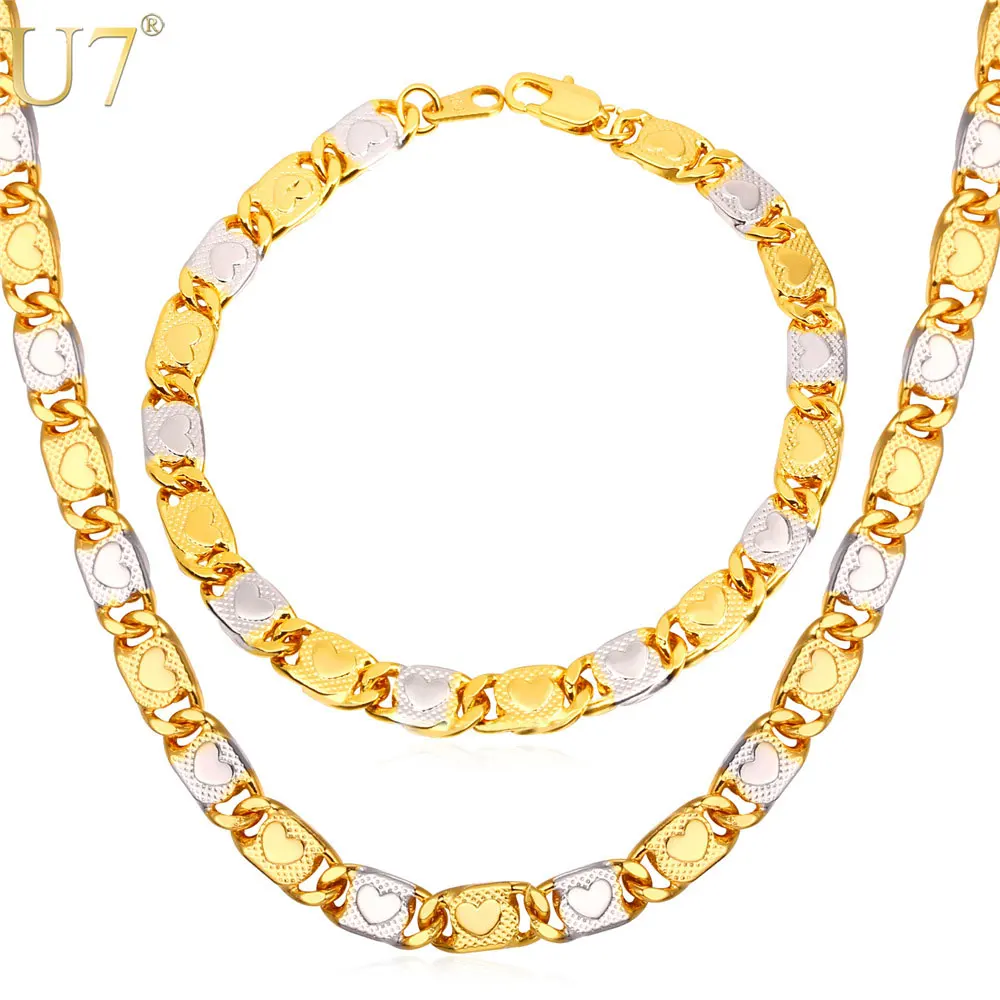 

U7 New Two Tone Gold Color Chain Set For Men Party Heart Wholesale 2 Size Chain Necklace Bracelet Men Jewelry Set S806