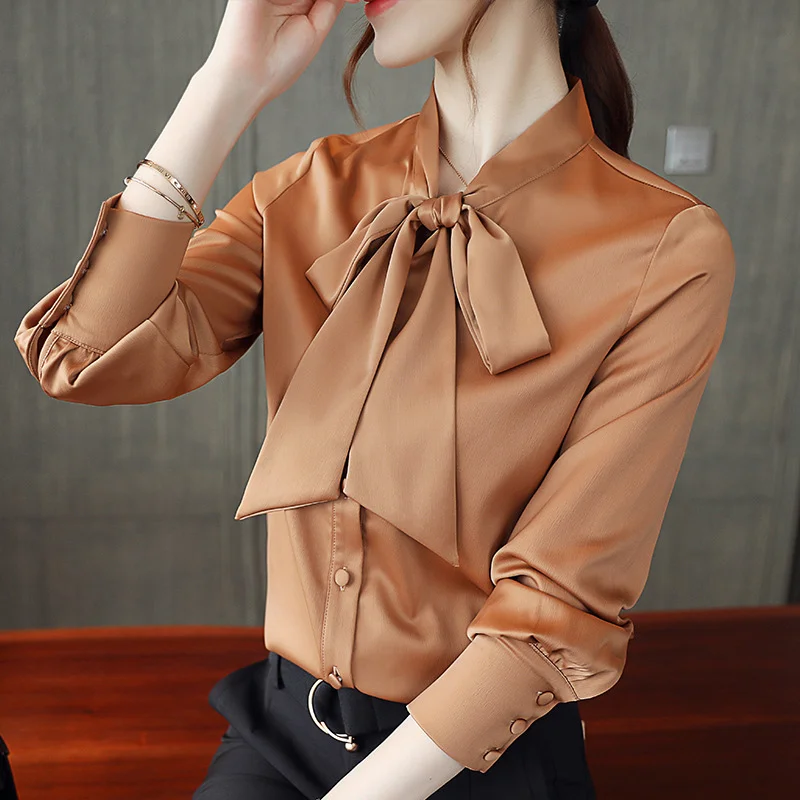 Women Lace Up Satin Blouse Button Long Sleeve White Brown Stand Bow Tie Ladies Office Work Elegant Female Blouses Shirts | Женская