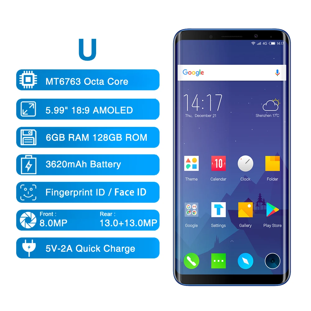 Elephone U 5 99 &quot18:9 экран мобильный телефон Android 7 1 MT6763 Восьмиядерный 6 ГБ + 128G лицо ID 13