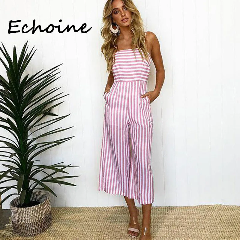 

Echoine Fashion Striped Spaghetti Straps Jumpsuit Backless Bow Playsuits Long Wide Pants Rompers Womens Jumpsuit Overalls