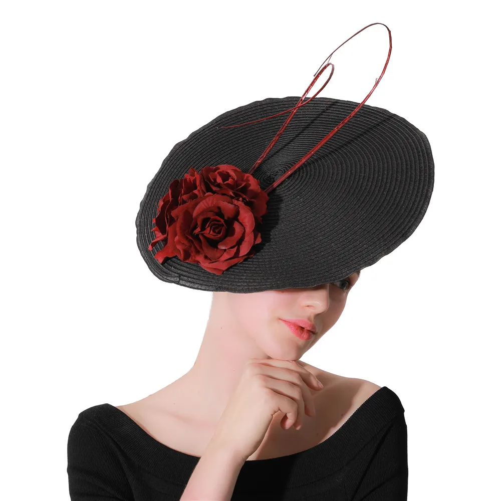 New Black Church Fascinators Bridal Hats Headbands with 3Marron Roses Hair Accessories Wedding Fedora Race Event Floral Headwear |