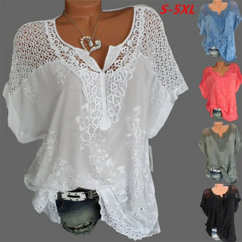 

Plus size 6xl 5xl lace women t shirt short Bat Sleeve v neck Floral Appliques Elegant top 2019 vogue oversized hollow out tee