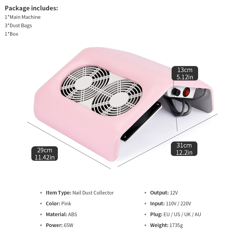 Coletor de pó do Unha Máquina de Manicure Aspirador com 2 Poderoso Gel Unha Polonês Ferramentas Rosa Poeira Sucção 65 w Fãs uv 11 fãs uv gel unha polonês ferramentas rosa prego poeira sucção