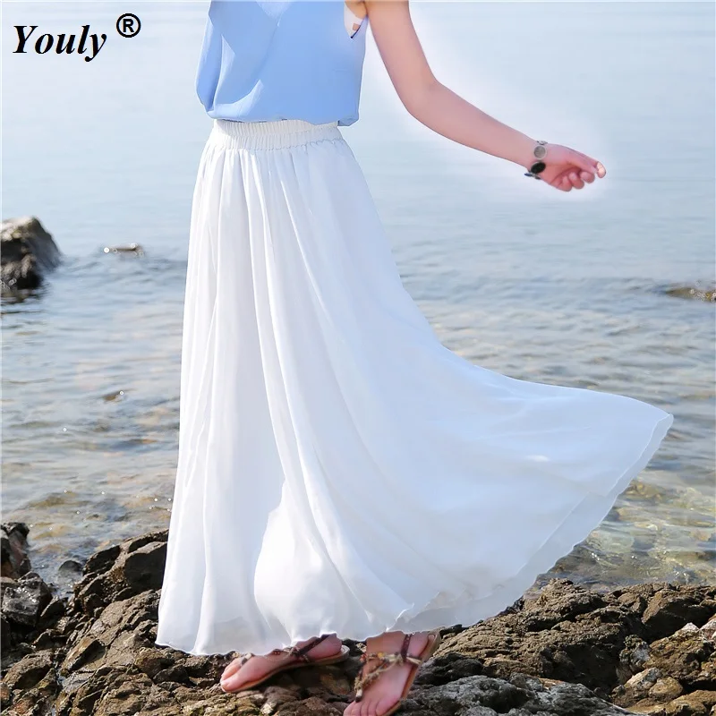 Boho Elastic Waist Solid chiffon Maxi beach skirts 2021 women Summer ankle-length Big swing long Ruffled Skirts length 80-100cm new winter 2021 down padded jacket women mid length thick loose large size jacket women s hooded collar jacket