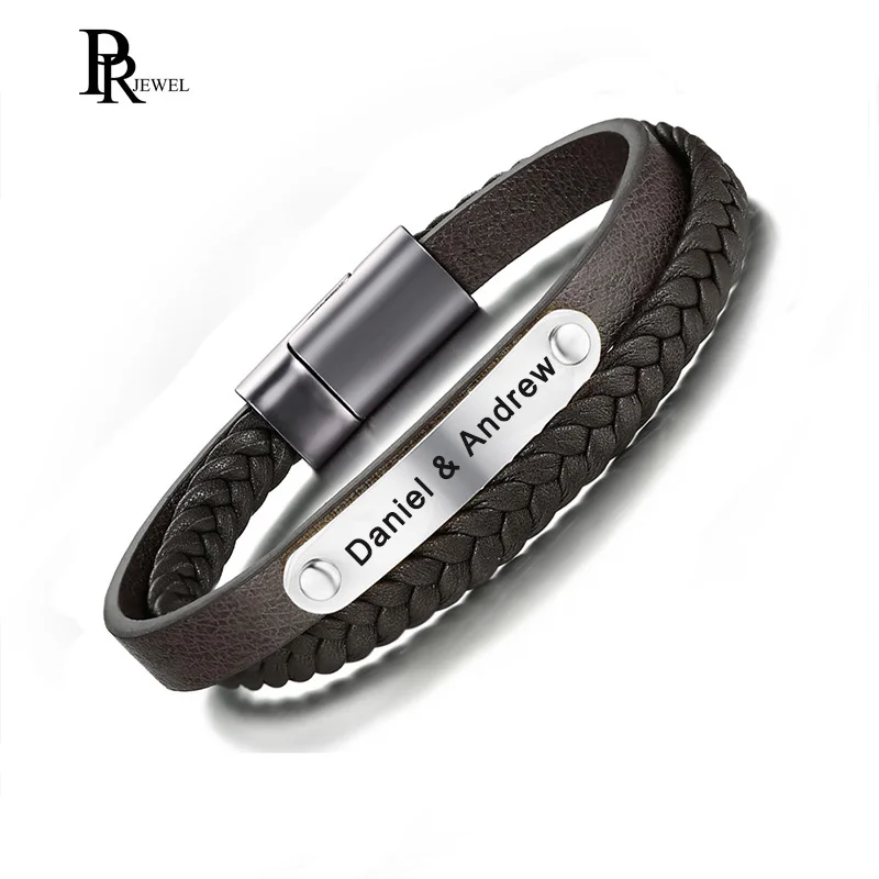 

Stylish Genuine Leather Bracelets for Men Free Customized Name Date Logo Engraving ID Bangle Best Friends Gifts
