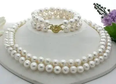 

Shipping >>new hot 2 row 10-11mm natural south sea white pearl necklace 18"+bracelet 7.5