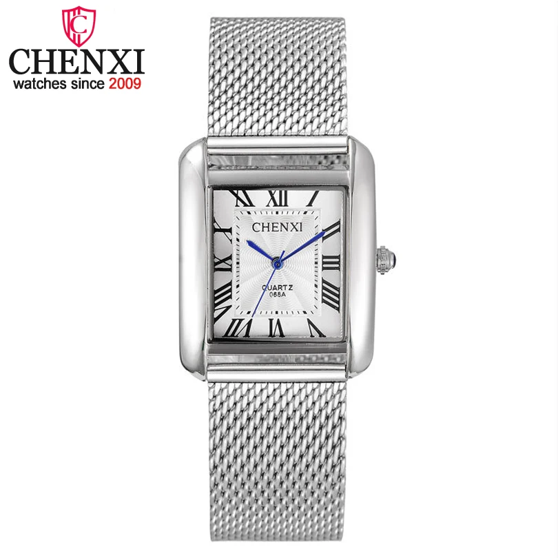 

CHENX Mens Watches Top Brand Luxury Silver Square Dial Quartz Watch Stainless Steel Mesh Straps Male Clock Men's Business Watch