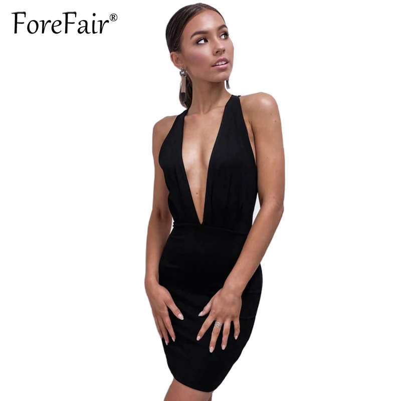 Forefair, летнее Новое Женское облегающее Клубное платье, черное, сексуальное, глубокий v-образный вырез, открытая спина, Бандажное, облегающее, вечерние, с лямкой через шею, мини-платье