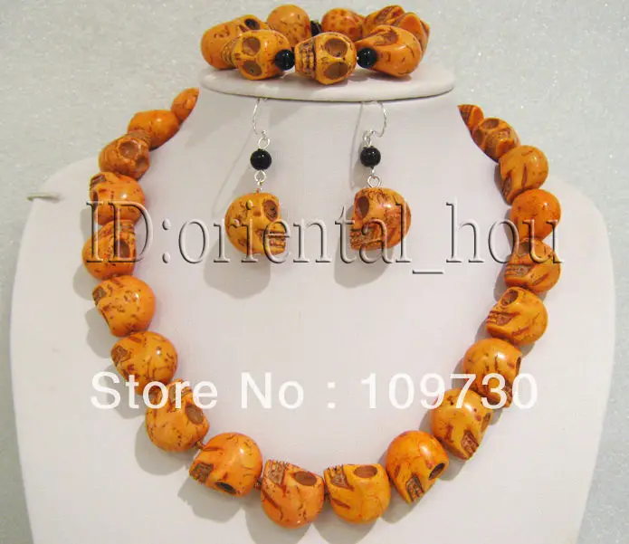 

Jewelry 00289 New!18mm Orange Turquoise Carved Skull Necklace Bracelet Earrings SET (A0503)