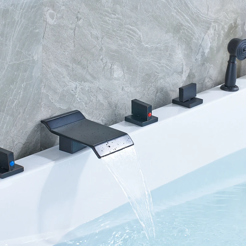 

Oil Rubbed Bronze Three Handles Deck Mount Shower Bathtub Faucet Mixer Hot Cold Water
