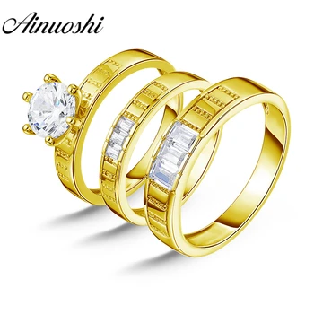 

AINUOSHI Real Solid Gold TRIO Rings Set Engagement Jewelry 14K Yellow Gold Couple Rings Wedding Band Emerald Cut Bridal Ring Set