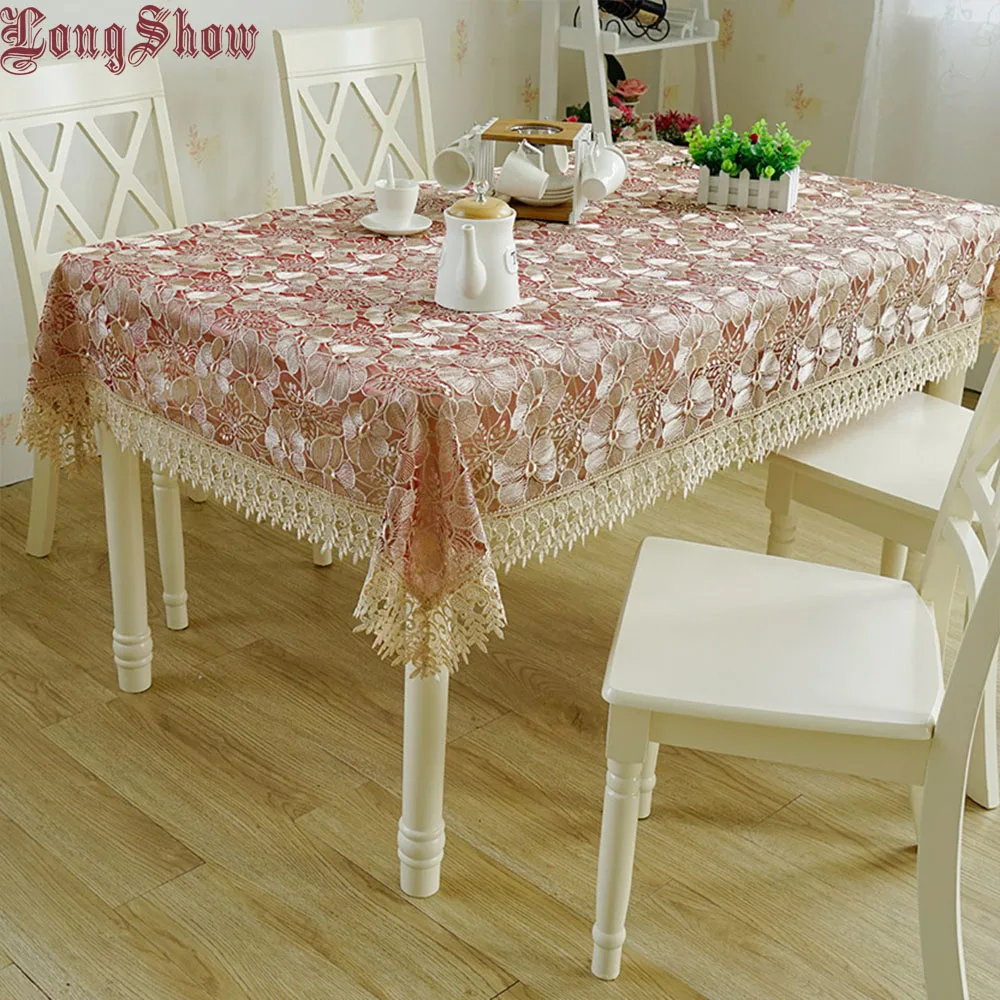 Free Shipping Burgundy Transparent Organza Lace Embroidered Tablecloth