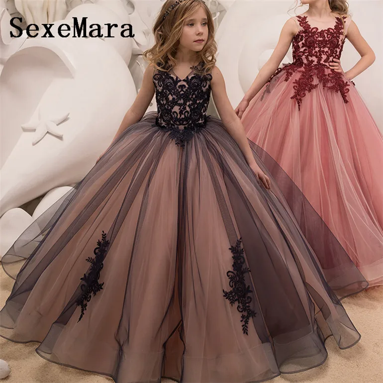 

Black New Flower Girl Dresses For Weddings Ball Gown sheer neck Tulle Appliques Long First Communion Dresses For Little Girls