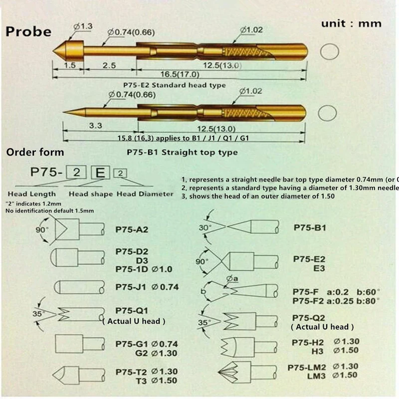 50pcs High Quality P75-LM2 Spring Loaded Test Probes Receptacle Pogo Pin Tool Set Dia. 1.02mm
