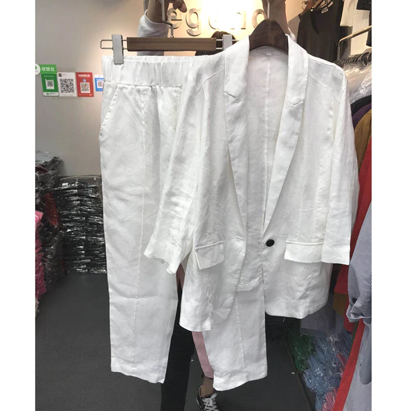 

Summer new Korean version of the casual slim loose cotton and linen one button small suit nine pants set two sets of women