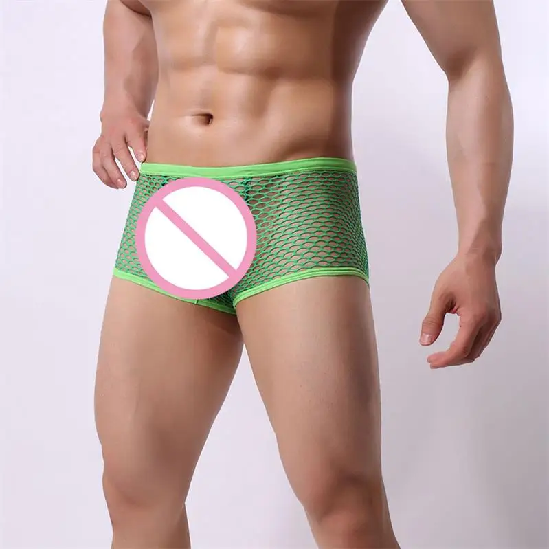 Мужское сексуальное прозрачное Сетчатое Мужское нижнее белье, прозрачные трусы-боксеры для геев, короткие мужские трусики, эротическое мужское нижнее белье - Цвет: green
